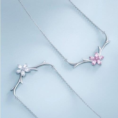 2021 Korean Fashion New Style Pink Sakura Elk Necklace Simple Silver Plated Lady AAA Zircon Necklace Charm Women Wedding Jewelry
