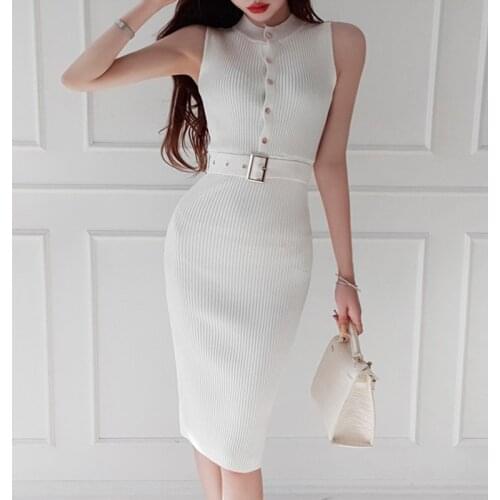 Casual Designer Belt Sleeveless Elegant White Knitted Dress Women Fall 2021 Knee Length Bodycon Elastic Midi Slim Dresses c131