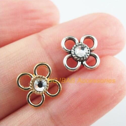 25Pcs Retro Gold Tibetan Silver Tone Clover Clear Crystal Charms Connectors 11.5mm