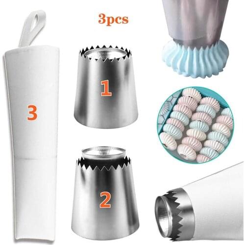 3 pcs Baking Piping Nozzles Sultan Ring Cookies Mold Kits, 2 Icing Tips + 1 Silicone Pastry Bag Russian Piping Tips