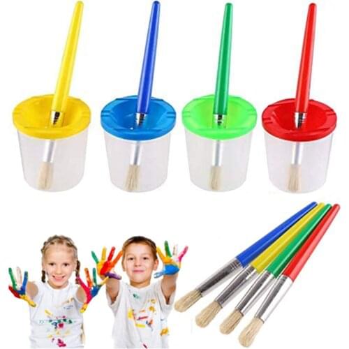 4pcs Paint Brushes and 4pcs No Spill Paint Cups with Lids for Kids Beginners