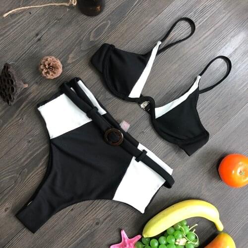 Beach sandy beach high quality Bikini Swimsuit Women Pure color stitching High Cut V Wired Bikini Swimwear High waist Beachwear