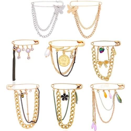 Butterfly Bow Flower Honeybee Coin Brooches Safety Pins Alloy Metal Chain Brooch Man Shirt Tassel Lapel Pin Women Jewelry Gift