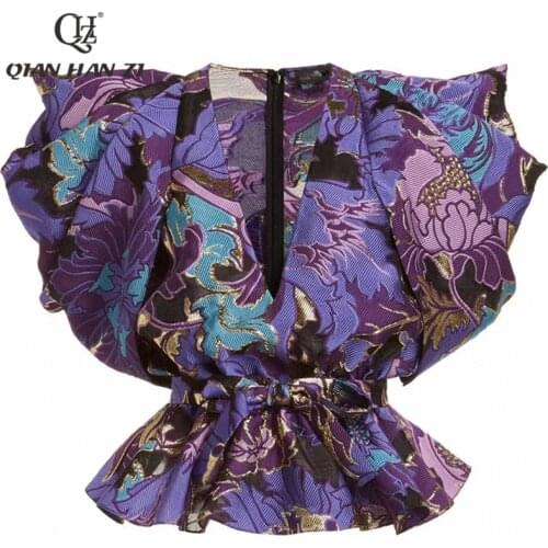 Qian Han Zi designer summer cotton womens top V-neck vintage Pattern printing Slim belt Ruffle Short jacquard top Blouses