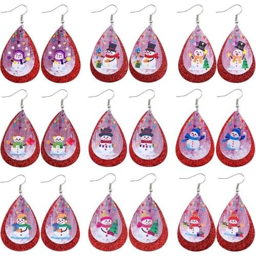E7738 ZWPON Festival Earrings 2020 Snowman Print Red Glitter Teardrop Earrings Christmas Gifts Wholesale
