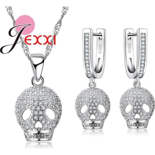 Brand Design Trendy 925 Sterling Silver CZ Necklace And Earrings Set For Woman Fashion Skull Party Jewellery Sets