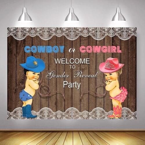 Cowboy or Cowgirl Baby Shower Backdrop Photography Welcome to Gender Reveal Party Photo Background Newborn Rustic Wood Photocall