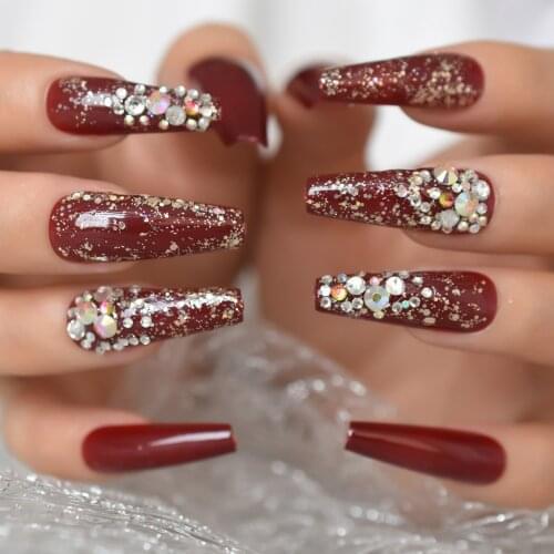 Burgundy Fake Nails With Designs Bling Rhinestone Glitter Tapered Extra Long Press On False Nails Sparkle Coffin Ballet Nail Art