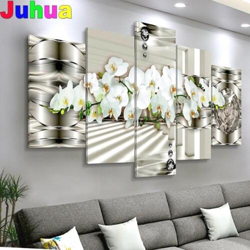 5 Panel Flowers Full Square/Round Drill 5d Diy Diamond Painting Mosaic Diamond Multi Panels"White Orchids"Diamant Painting