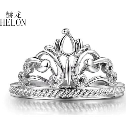 HELON 925 Sterling Silver Engagement Wedding Women Ring Semi Mount Pear 3x4mm Round 0.9-1mm Crown Shape Jewelry Ring Prong Set