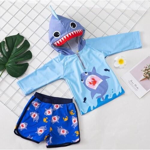 Baby Swimwear Two Piece Long Sleeve Swimsuit Kids UPF50 Shark Print Hooded Childrens Bathing Suit Infant Toddler Boys Beachwear