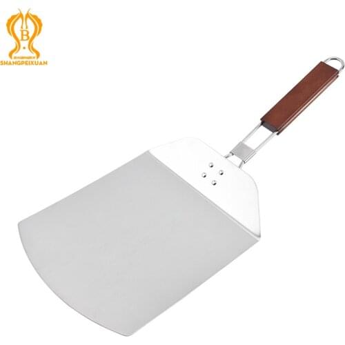 SHANGPEIXUAN Stainless Steel Pizza Peel Foldable Handle Rectangular Pizza Shovel Wooden Handle Paddle Pizza Peels Cake Shovel