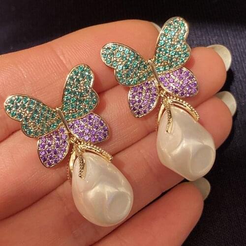 Fashion Purple Butterfly Earrings CZ Pearl Zircon Crystal Stud For Women Wedding Party Gift Jewelry Luxury Rose Flower Lady