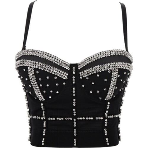 Fashion Tops Sexy Bright Diamonds Bra Mesh Push Up Bralet Womens Corset Bustier Bra Night Club Party Cropped Top Vest