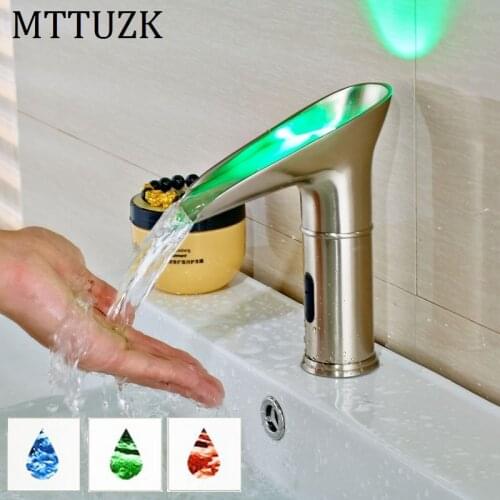 MTTUZK Water-saving LED Wash Basin Faucet Temperature Control LED Three-color Automatic Sensor Taps Waterfall Sensor Faucet