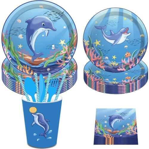 Cartoon Dolphin Party Decorations Cute Delphinus Delphis Dinner Plates Disposable Tableware Sets Baby Shower Kids Party Favors