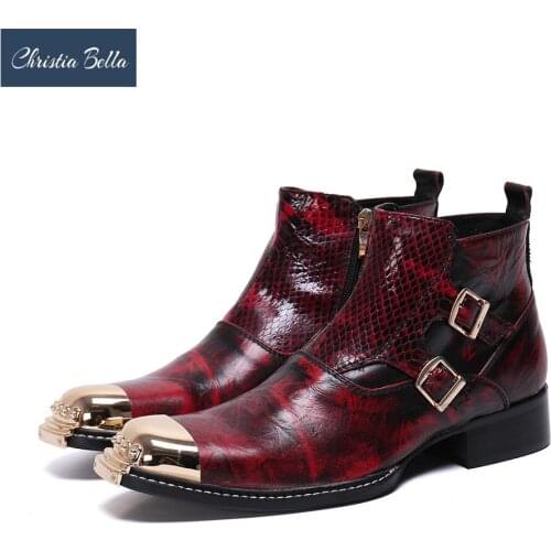 Christia Bella Fashion New Snake Skin Man Buckle Boots Genuine Leather Motorcycle Boots Round Toe Handmade Zipper Short Boots