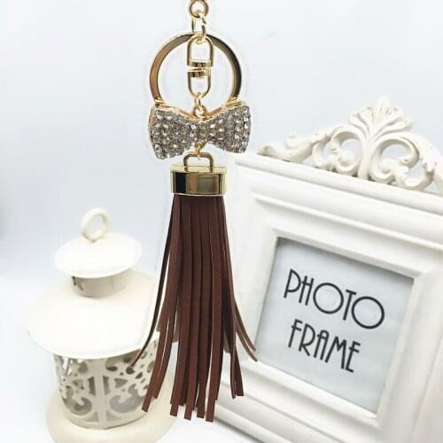 New Gold Leather Tassel Keychain For Women Crystal Bowknot Keyring Bag Charm For Keys porte cle llavero sleutelhanger EH583