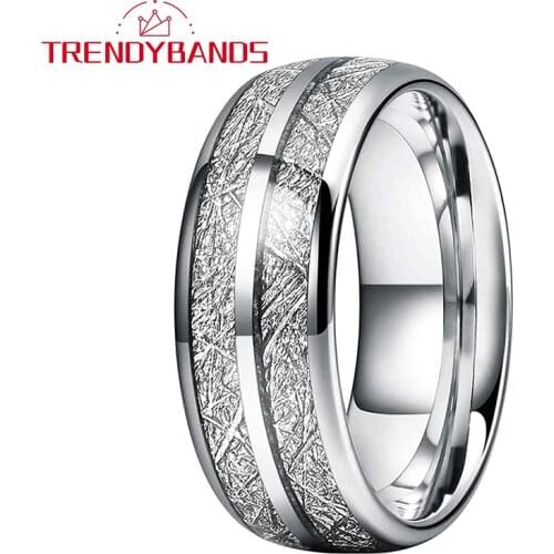 8MM Wedding Band Tungsten Engagement Rings For Men Women Domed Meteorite Inlay Comfort Fit