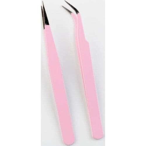 Stainless Steel Pink Straight Bend Tweezer False Eyelashes Extensions Nippers Nail Art Sticker Rhinestones Clip Picking Tool