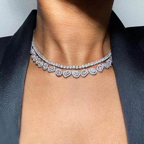 Women Geometric Round Rectangle Tear Drop Necklace Halo Bead Iced Out Bling Collier Choker Necklace Wedding Engagement Gifts