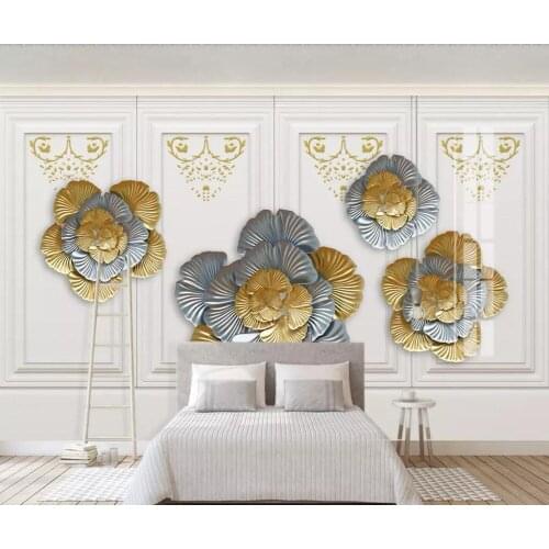 Bacal modern 3d european-style golden peony with carved white decoration on the grid background wall 3D wallpaper mural