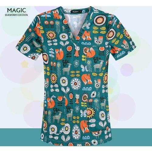 Unisex Pet Grooming Work Clothes Surgery Nursing Uniform Hospital Scrub Tops Cartoon Printed Breathable Nurse Workwear Wholesale