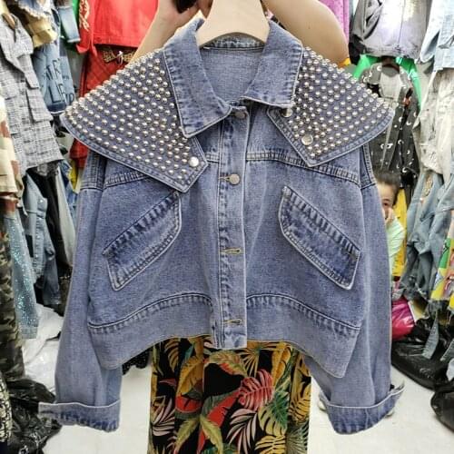 2019 Fashion Loose Hand Beaded Rivet Washed Denim Jeans Jacket Women Jean Coat Streetwear Autumn Female Detachable Dark buckle large lapel Outerwear