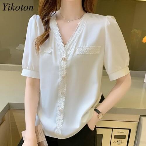 Korean Summer Blouse Womans Shirts New Sexy V-Neck Chiffon Shirt Womens Short Sleeve Fashion Crochet Lace Stitching Top Shirt