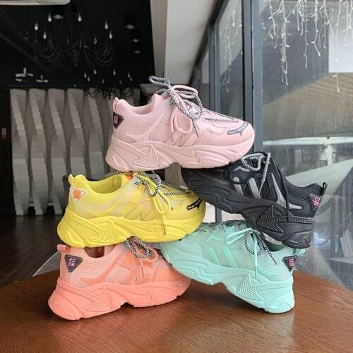 2021 Sneakers Women Platform Casual Shoes Fashion Sneakers Platform Basket Femme Yellow Lace-Up Casual Chunky Shoes