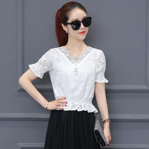 Womens Spring Summer Style Lace Blouses Shirt Womens V-neck Hollow Out Short Sleeve Solid Color Elegant Casual Tops SP8718