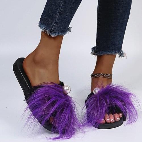 Women Fur Slippers Woman String Bead Flats Summer Slides Female Beach Shoes Ladies Casual Footwear Zapatos De Mujer 2021