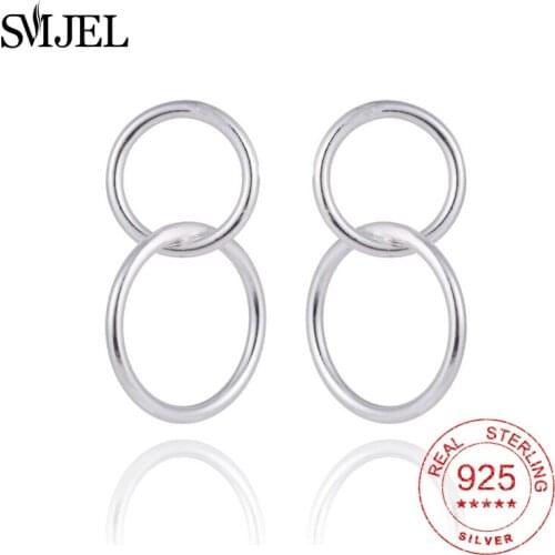 SMJE 100% 925 Sterling Silver Double Circle Earrings for Women Round Statement Ear Studs Gifts Sterling-silver-jewelry