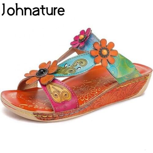 Johnature Mixed Colors Summer Shoes Women Slippers Genuine Leather 2021 New Outside Slides Wedges Handmade Flower Ladies Slipper