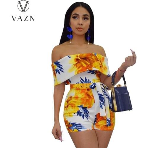 VAZN 2021 New Special Tie Dye Print Short Sleeve Bandage Young Sexy Soft Daily Simple High Waist Women Pencil Playsuits