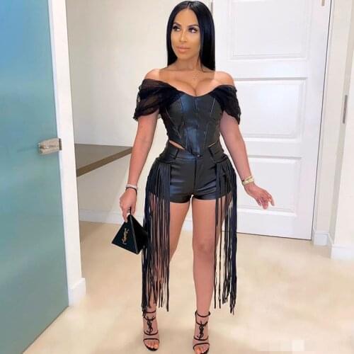 Tassel PU Leather 2 Piece Set Women Clothes Slash Neck Cap Sleeve Crop Top and Shorts Suit Sexy Bodycon Party Night Club Outfits