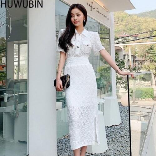 2021 New Two Piece Summer Korean Womens Unique Lapel Single Breasted Slim Lace Shirt + Waist Closed Split Skirt Fashion Suit