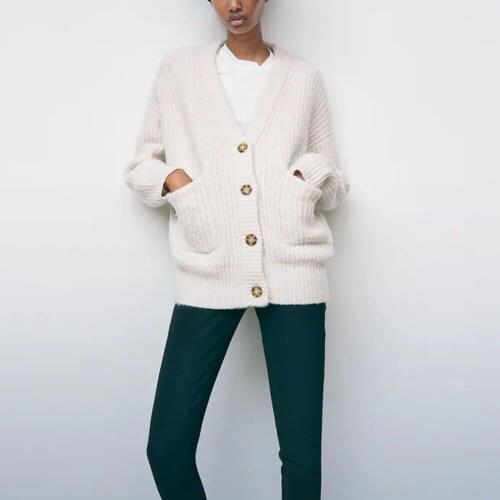 BM UR HM ZA Womens 2021 early autumn new fashion all-match solid color V-neck long-sleeved single-breasted pocket knit sweater