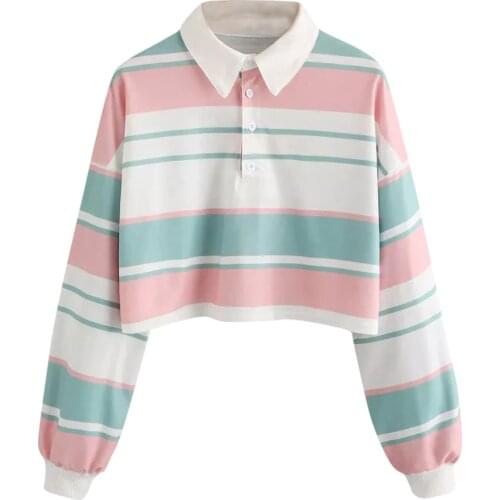 Women Casual Stripe Long Sleeve Button Turn-down Collar Pullover Sweatshirt Short Top Sweatshirts Autumn Outfits Female