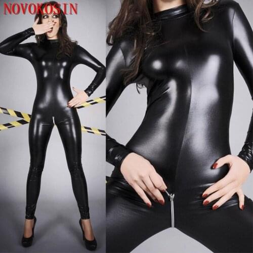 XX145 M-4XL 2019 Plus Size Night Club wear Wet Look Women Sexy Black Bright Light Faux Leather Bodysuit Zipper To Crotch Teddies