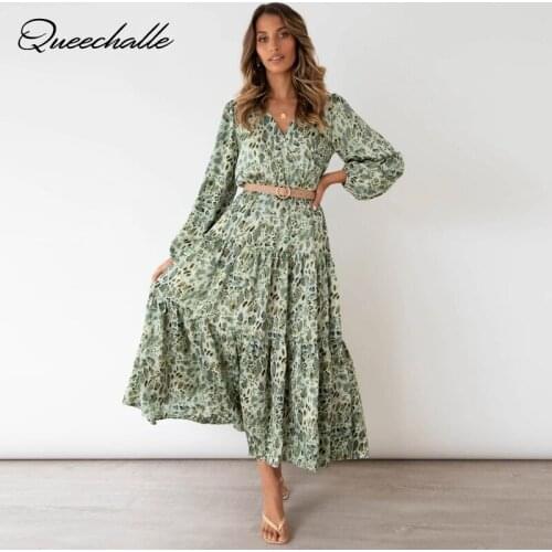 2021 Autmn Print Dress Women Green Lantern Sleeve V Neck Swing Wrap Pleated Dress Elegant Boho Long Dresses for Woman Clothes