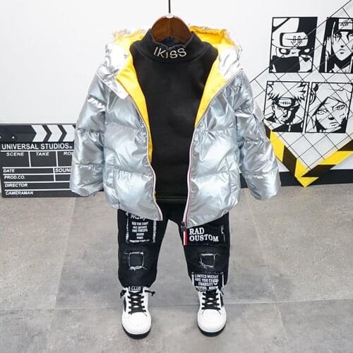 2020 Winter Baby Boys Clothes Sets Fashion Korean Zipper Down Jacket Velvet Tshirt Thicken Jeans 3pcs For Boy Kids Warm Suits