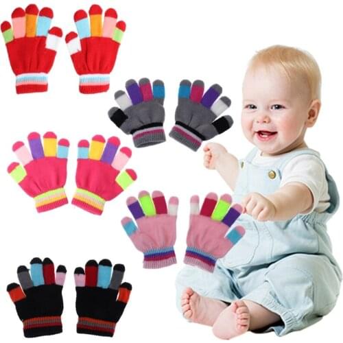 1 Pair Kids Gloves Full Finger Warm Winter Children Colorful Stripe Knitted Boys Girls Solid Glove Multi Color Elastic