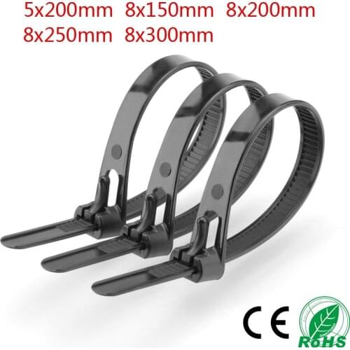 100Pcs Black Nylon Plastic Releasable Reusable Cable Tie Zip Wraps Ratchet Ties Wire 8*150mm/8*200mm/8*300mm for Binding Cable