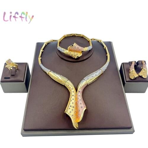 African Jewelry Sets Crystal Necklace Earrings Colorful Bracelet Dubai Fashion Wedding Party Ring for Women Jewelry Gift