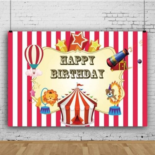 Happy Birthday Photography Backdrop Cartoon Circus Tent Animals Red White Striped Child Baby Birthday Party Banner Background