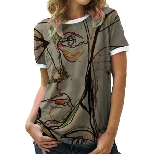 T-shirt Short Sleeve Breathable Polyester Loose Fit Line Art Printing Shirt for Daily Wear