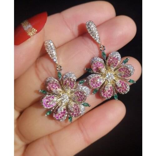 Micro Pave Cubic Zirconia Colorful Rose Flower Earrings Female High Quality Brand Stud Earrings Diamond Wedding Jewelry