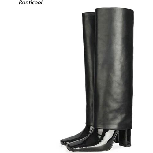 Ronticool Fashion Women Winter Knee Boots Italian Style Block Heel Square Toe Black Wine Red Night Club Shoes Plus US Size 5-13