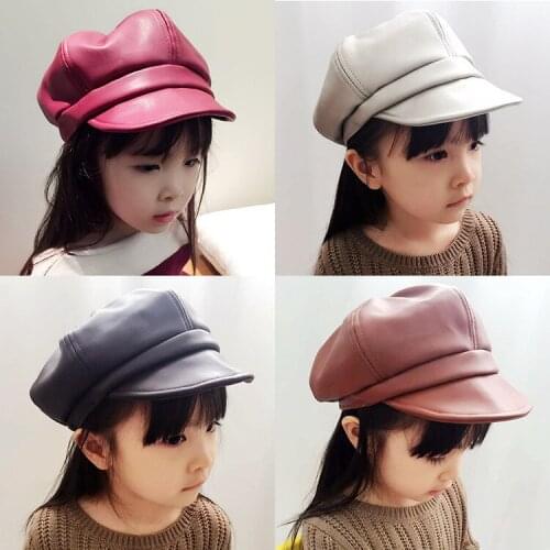 Fashion Autumn Winter Korean Children Pu Beret Solid Color Octagonal Cap Kid Hat Outdoor Caps Boys Girls Casual Hats
